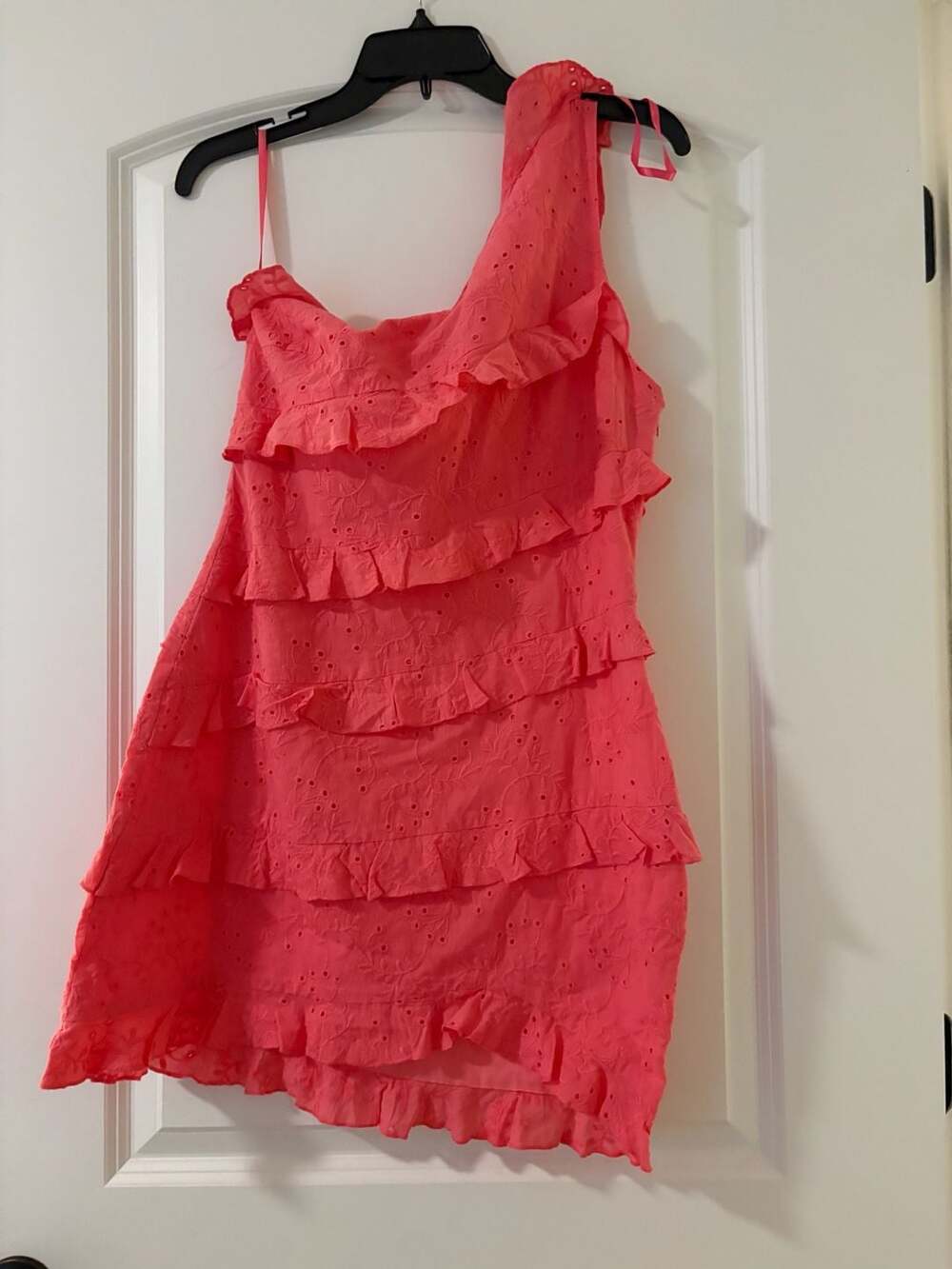 Hello Molly Pink Eyelet Ruffle One-Shoulder Dress Size US 6